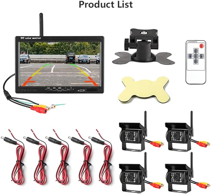 EVERSECU 4pcs Wireless Vehicle Backup Cameras Plus 7" Monitor Parking Assistance System for RV/SUV/Van/Pickup/Truck/Trailer Rear/Side/Front View System Switchable