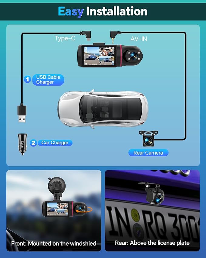 Dash Cam Front and Rear Inside 3 Channel, 1080P Dashcam with 64GB Card, Dash Camera for Cars with 24H Parking Monitor, Super Night Vision, Loop Recording, G-Sensor, WDR, 2.3" Screen for Taxi