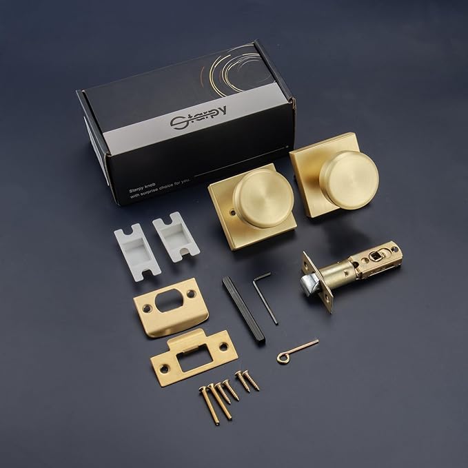 Brushed Gold Door Knobs Interior, Pismo Doorknobs with Square Rosette for Hall