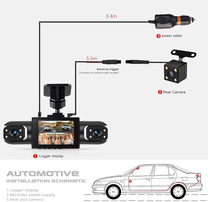 Dash Cam Front and Rear, 1080P Dash Camera for Cars, 4 Channel Car Camera Front Rear and Inside with Loop Recording, Night Vision, HDR, 24Hr Parking, G-Sensor, Night Vision
