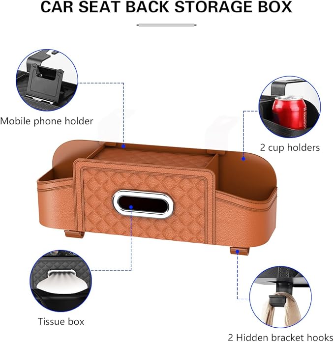 Mandark Car Headrest Backseat Organizer, Multifunctional Vehicle Seat Back Storage Box with Drink Cup Holder and Hooks, Automotive Travel Accessories, Universal for SUV, Sedan, Truck (Orange)
