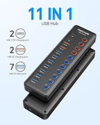 Powered USB 3.0 Hub, Wenter 48W 11-Port USB Hub Splitter (7 Faster Data Transfer Ports+ 4Pcs QC Charging Ports) with Individual LED On/Off Switches, USB Hub 3.0 Powered with Power Adapter