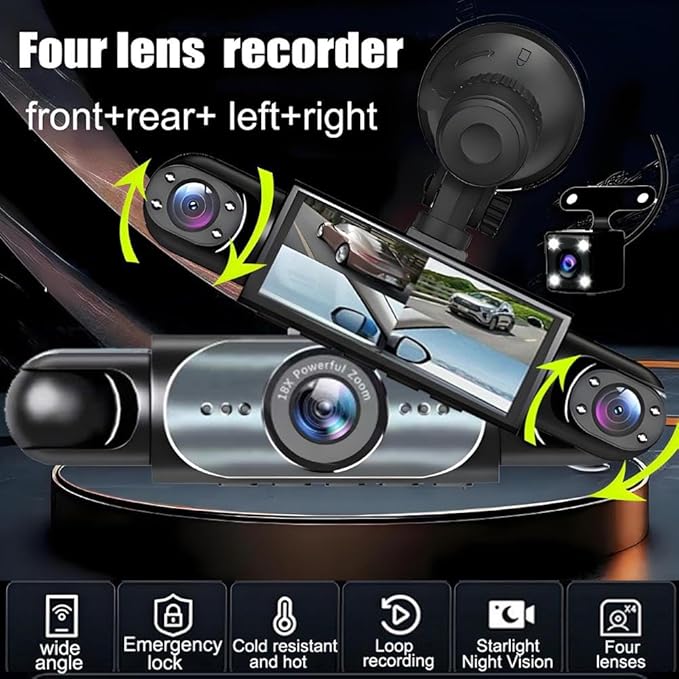 Wireless Dash Cam Front and Rear Camera System,360° 4 Channel Dash Cam 1080p Full View Car Dashcam System,Night Vision,Loop Recording,Parking Monitor,for Taxi,Fleet,Family Vehicles