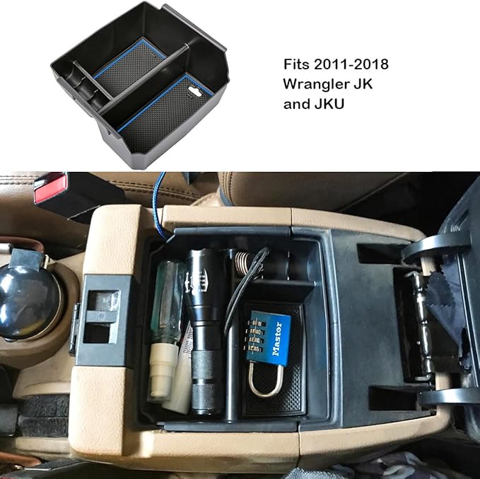 EDBETOS Center Console Organizer Tray Compatible with Jeep Wrangler JK/JKU 2011-2018 Rubicon Sport Sahara Accessories Armrest Storage Glove Box, (Blue Trim)