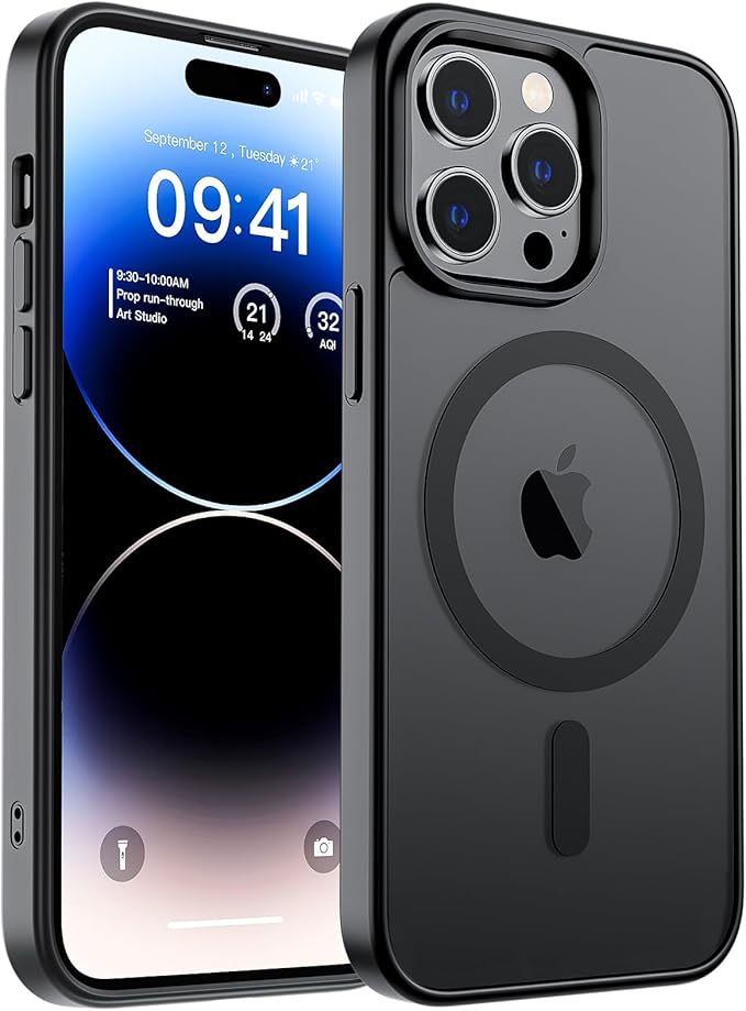 SUPFINE Magnetic for iPhone 14 Pro Max Case (Compatible with MagSafe) (Military Grade Drop Protection) Translucent Matte Shockproof Phone Cover,Black