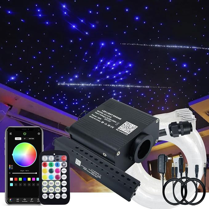 AKEPO Small Size 16W RGBW APP Twinkle Shooting Star Fiber Optic Lights, Music Activated 450pcs 0.03in 9.8ft/3m Optical Fiber Star Ceiling Light Kit for Car Starlight Headliner/Home