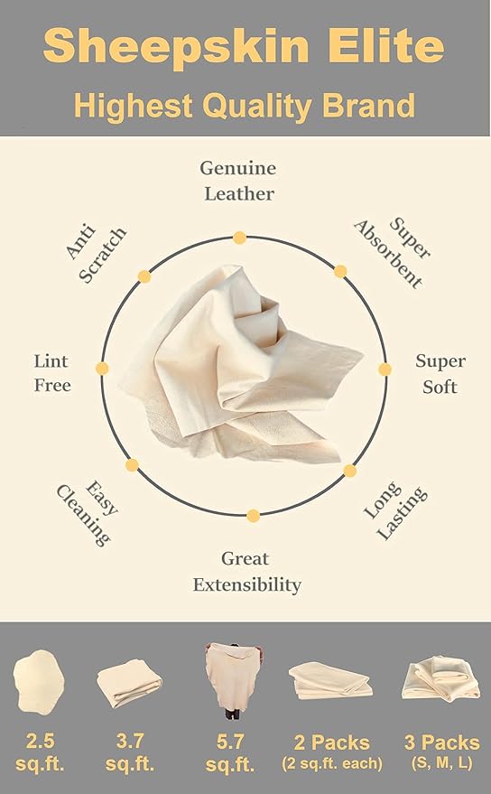 SHEEPSKIN ELITE Chamois Drying Cloth Car Drying Towel Real Leather Absorbent Drying Natural Chamois Car Wash Cloth Accessory (3.7-4.2 sq ft)