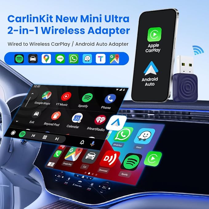 CarlinKit Mini Ultra Wireless CarPlay & Android Auto Adapter - for iPhone/Android 11+, USB-A/C, Plug & Play with Convert Wired to Wireless, 5.8G WiFi Fast & Stable Car with 2016+
