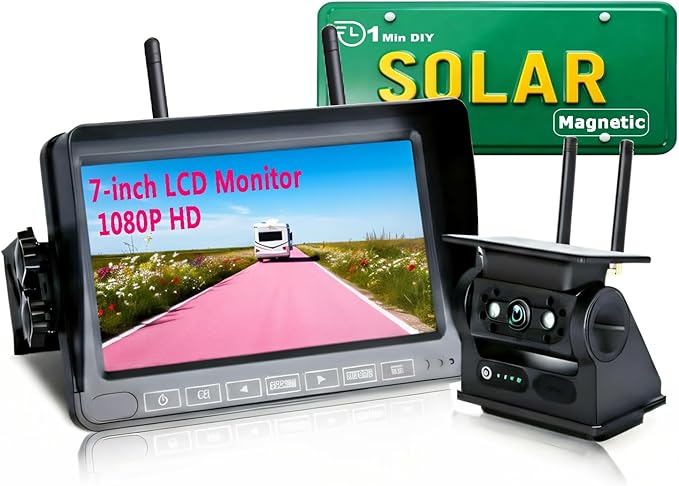 Magnetic RV Backup Camera 1080p HD 7-inch Install-Free Trailer Hitch Solar Wireless Back up Camera 10000mah Battery,Night Vision Trucks,RVs, Trailers, Vans Tow (Magnetic Camera with7‘’ Monitor)
