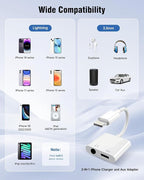 Apple MFi Certified 2-in-1 Lightning to 3.5mm Headphone Jack Adapter,Fast Charger&Aux Audio Splitter Dongle for iPhone-Car AUX,Home,Gym,Travel,Compatible with iPhone 14/13/12/11/XR/X/8/7,2Pack,White