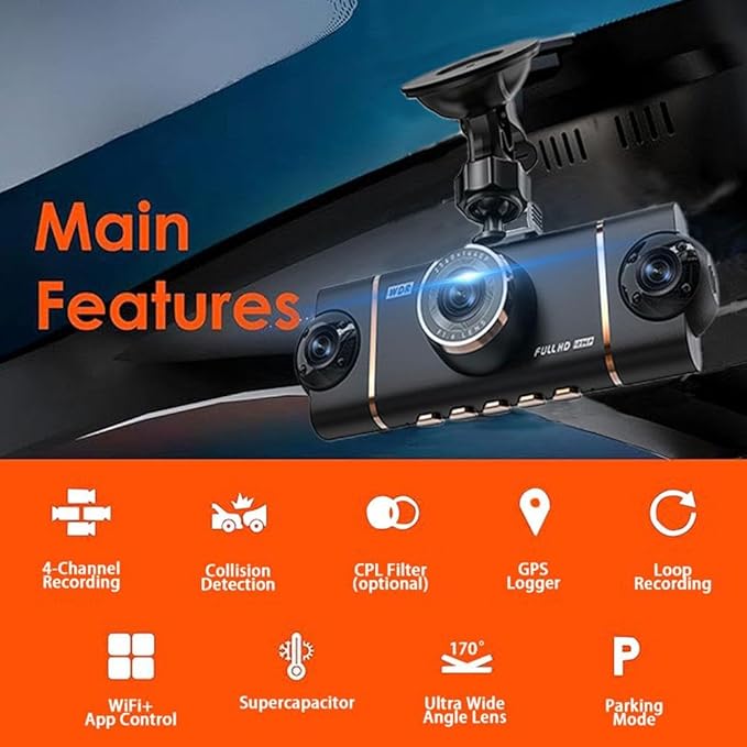 4 Channel Dash Cam for Cars Front Rear Inside & Left Right,360° Dash Cam Front Rear Inside & Left Right, 4K+1080P*3 FHD Car Camera, 5GHz WiFi & App Control,24H Parking Mode,G-Sensor,Loop Recording