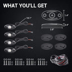 MICTUNING 4 Pods Pure White Rock Lights Kit - IP68 Waterproof, with Wiring Harness - Ultimate Underglow for Car, Truck, ATV, UTV, SUV, Off-Road, Golf Cart & Boat