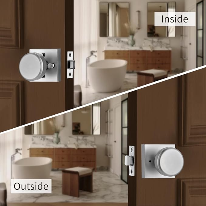 6 Pack Brushed Nickel Door Knobs with Square Rosette, Interior Door Handles for Bath & Bed, Heavy Duty Door Knob with Lock