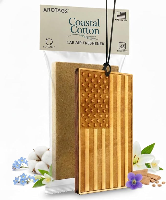 Arotags Wooden Car Air Freshener - Coastal Cotton - 45+ Day Long Lasting with Under Seat Scent Core - Handmade in USA - Natural Wood Diffuser for Cars Trucks SUVs