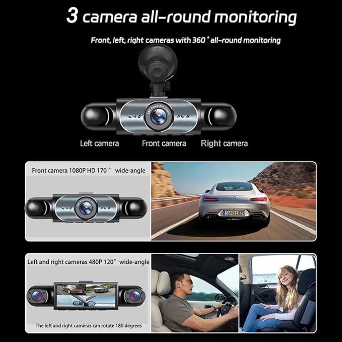3 Channel Dash Cam Front Inside and Left Right, 1080P HD Dash Camera for Cars, 3.16 inches WiFi Car Camera,170°Wide Angle Vehicle Cam, Night Vision, Loop Recording, G-Sensor, 64GB Card