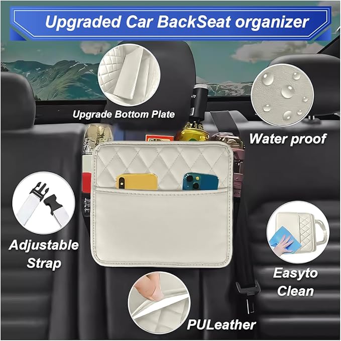 ZIMISI Car Back Seat Organizer, Waterproof Leather Automotive Backseat Hanging Bag with Cup Holders, Large Capacity Car Trash Can, Vehicle Travel Accessories for Most Vehicles (1PC/Beige)