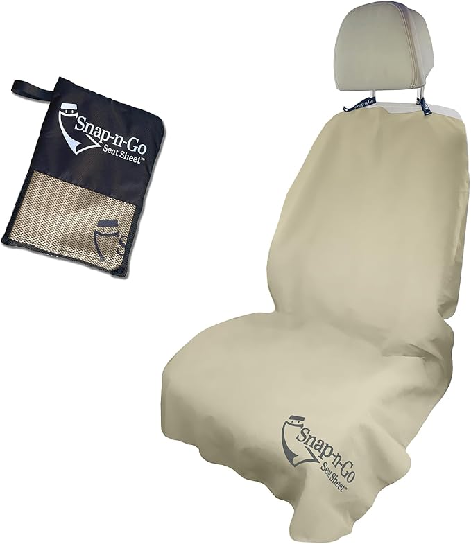 Car Seat Towel Cover After Gym Workout Yoga Pets | Snap-n-Go Seat Sheet™ Universal Fit with Headrest Post Straps, Quick-Dry Washable Sweat Protector for Cars, Trucks, SUVs Interior Protection (Beige)