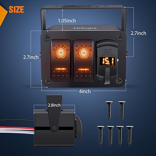 Nilight 2 Gang Rocker Switch Box 12V SPST ON Off Toggle Switches PD Type C and QC 3.0 USB Sockcet Voltmeter Orange LED Light Waterproof Aluminum Mount Bracket Panel DIY Stickers for Boat Car RV Truck