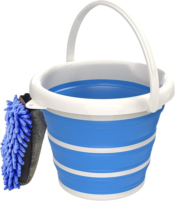 Collapsible Car Wash Bucket with Microfiber Mitt, 10L (2.6 Gallon) Portable Water Bucket with Handle for Car Wash Household Cleaning, Multiuse Collapsible Water Bucket and Car wash mitt - Blue