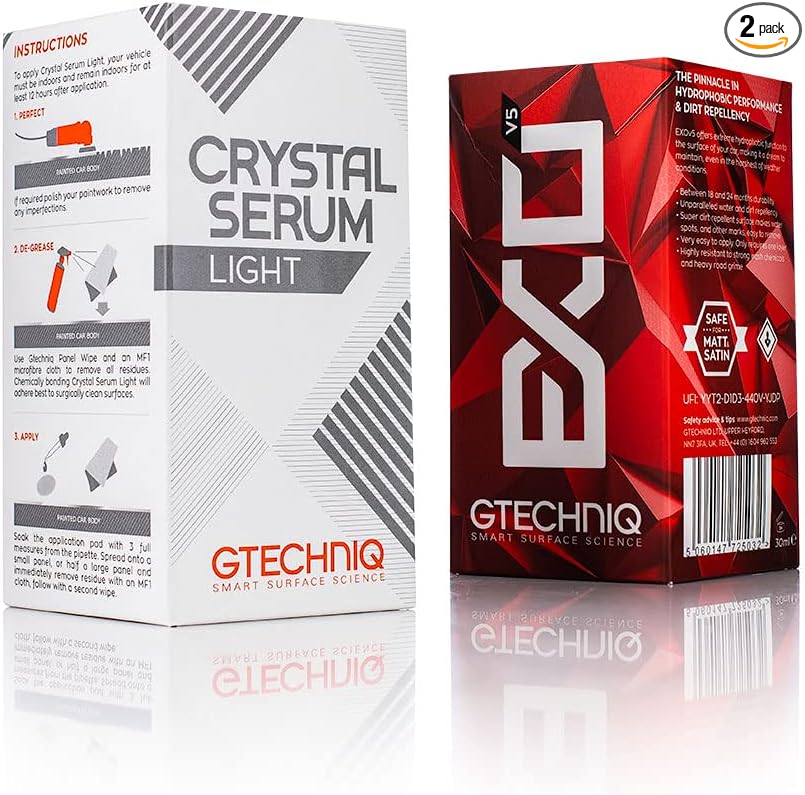 The Rag Company Gtechniq - EXOv5 & Crystal Serum Light Bundle 50ml - Ceramic Coating Paint Protection, Add Gloss, Resist Swirls, Repel Dirt & Contaminants, Ultra-Durable, High Gloss, Slick Feel