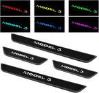 LED Door Sill Lights for Tesla Model 3 2017-2025 Accessories, ABS Scratch-Resistant Sill Protector with 7-Color RGB Lighting, Battery Powered Model 3 Pedal Mood Lamp, Matte Black, 4PCS