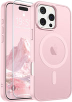 SUPFINE Magnetic for iPhone 16 Pro Max Case with Screen Protector (Compatible with MagSafe) (Military Grade Drop Protection) Translucent Matte Shockproof Phone Cover,Light Pink