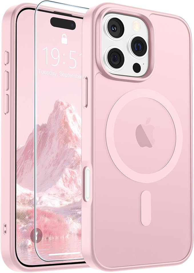 SUPFINE Magnetic for iPhone 16 Pro Case with Screen Protector (Compatible with MagSafe) (Military Grade Drop Protection) Translucent Matte Shockproof Phone Cover,Light Pink