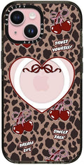 CASETiFY Impact iPhone 15 Case [Slim/Compatible with Magsafe / 8.2 ft. 4X Military Grade Drop Protection] - Leopard Cherries - Clear Black