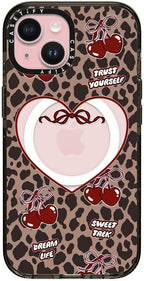 CASETiFY Impact iPhone 15 Case [Slim/Compatible with Magsafe / 8.2 ft. 4X Military Grade Drop Protection] - Leopard Cherries - Clear Black