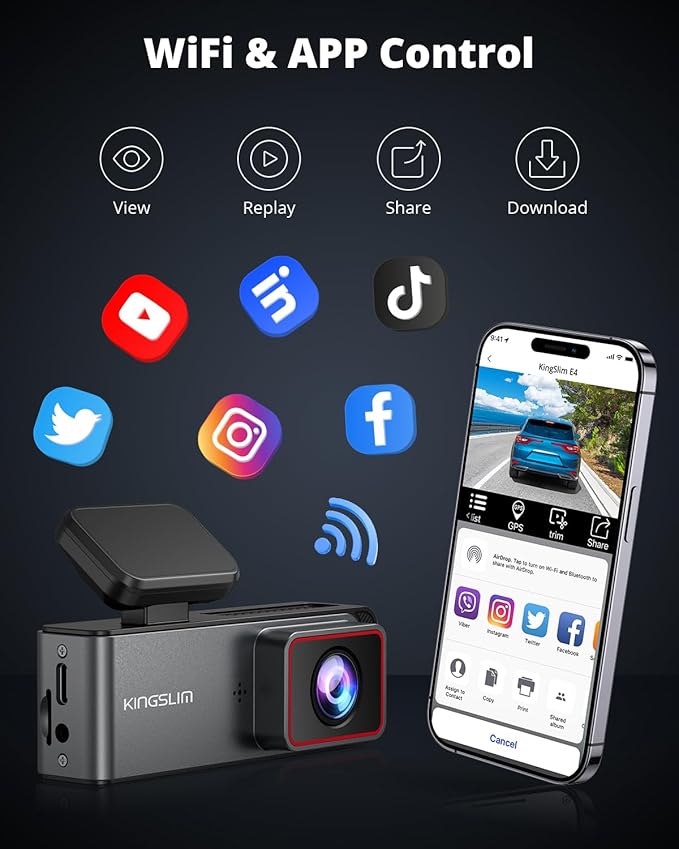Dash Cam Front and Rear Camera 4K+1080P, Kingslim Dash Camera for Cars Built-in WiFi APP, Mini Car Camera with Night Vision, 24H Parking Monitor, Loop Recording, G-Sensor