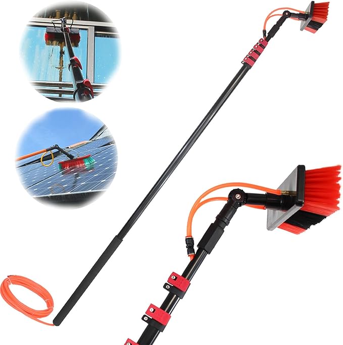 Window Cleaning Pole Kit, Window Cleaning Brush with Extended Handle and Water Hose Solar Panel Cleaning Kit with Extension Pole High Window Cleaning Telescoping Pole,29FT/9M