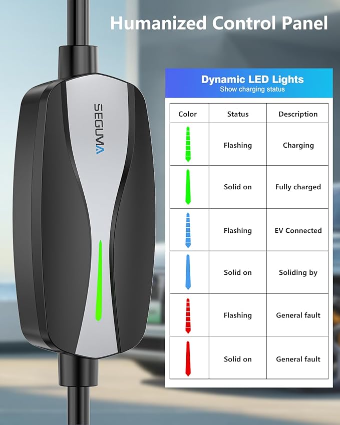 SEGUMA Level 1/2 EV Charger, 16Amp Electric Car Charger 25FT Cable with NEMA 6-20 Plug and NEMA 5-15 Adapter, Home Mobile EV Charging Station for J1772 BEVs/PHEVs 110V-240V(Black)