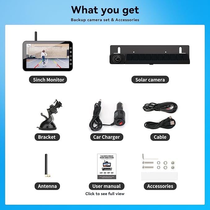 Solar Wireless Backup Camera with 5” IPS Monitor, Reversing System Powered by Rechargeable Battery and Solar Panel, 3-min Easy Installation, IP68 Waterproof, for Car, Trailer, RV, Pickup