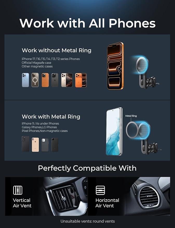 LISEN for MagSafe Car Mount, Magnetic Phone Holder for Car Air Vent Phone Mount, Hands Free Car Phone Mount Phone Holders for Your Car Accessories for Women Men for iPhone 17 Pro Max 16 15 14 13