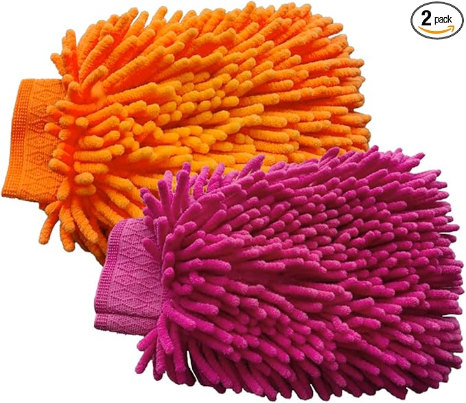 JOYCOURT 2PCS Microfiber Soft Chenille Car Wash Mitts, Scratch and Lint Free Car Dusting Glove, Double Sided Wash Mitt, Ultra Absorbent for Car Washing, Home Cleaning Mitt (Orange&Pink)