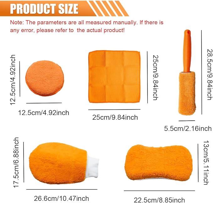 Craedli 9PCS Car Wash Detailing Tool Kit, Car Wash Mitt, Microfiber Cloths, Cleaning Sponge, Wheel Brush, Wax Applicator Pad, Universal Auto Interior & Exterior Cleaning Supplies (Orange)