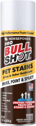 Bull Shot Pet Pro Stain Remover, AS SEEN ON TV, Urine & Odor Emulsifier, Enzyme-Powered Professional Strength Foam for Urine, Feces, Vomit, Odors, Dirt On Carpet, Area Rugs, Upholstery, Old Stains
