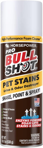 Bull Shot Pet Pro Stain Remover, AS SEEN ON TV, Urine & Odor Emulsifier, Enzyme-Powered Professional Strength Foam for Urine, Feces, Vomit, Odors, Dirt On Carpet, Area Rugs, Upholstery, Old Stains