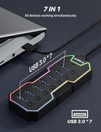 ZIUMIER USB 3.0 Hub,7 Ports USB Expander with RGB LED Strip,USB Hub for Laptop,Individual LED On/Off Switches for Mac, PC, Desktop, Flash Drive, Mobile HDD