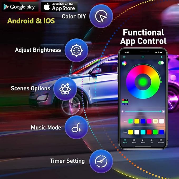 Car Underglow Lights, Yielinth Exterior LED Strip Lights with App and RF Remote Control,16 Million Colors Underglow Kit for Car