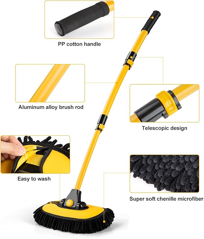 Car Wash Brush Kit, Wash Mop Extendable Extra-Long Handle and Wash Mitt Included, Great Cleaning Power, Scratch-Free Bristles for Car Care