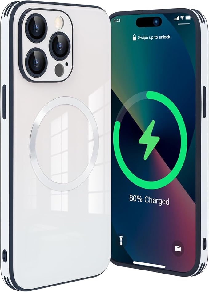 Guppy Compatible with iPhone 14 Pro with MagSafe Case, Magnetic Gradient Case with MagSafe Charging, Gradient Glass Back Cover with Lens Film-White