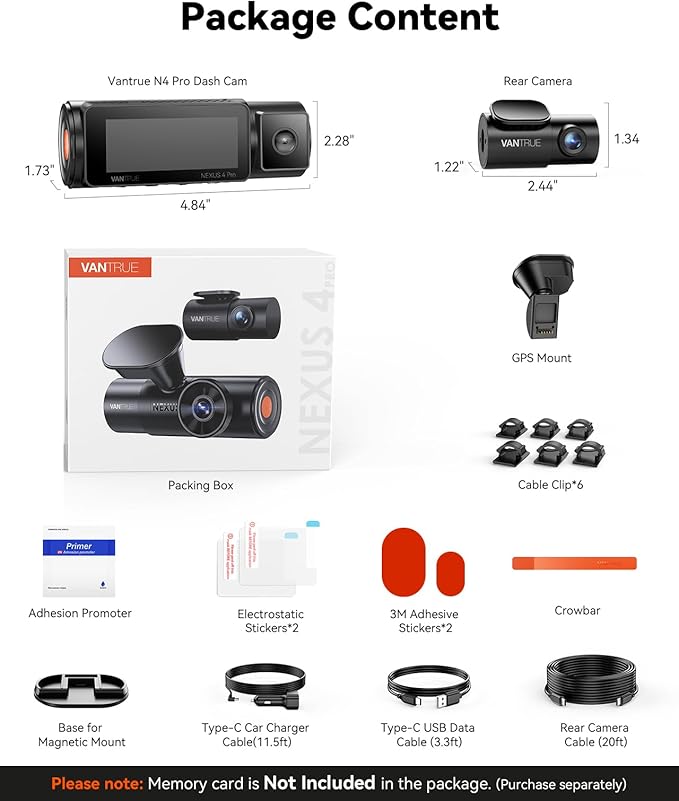Vantrue N4 Pro 4K 3 Channel Dash Cam,STARVIS 2 IMX678 x PlatePix™ x HDR Night Vision, 4K+1080P+1080P Front Inside and Rear Dash Camera, Voice Control, WiFi, GPS (Renewed)