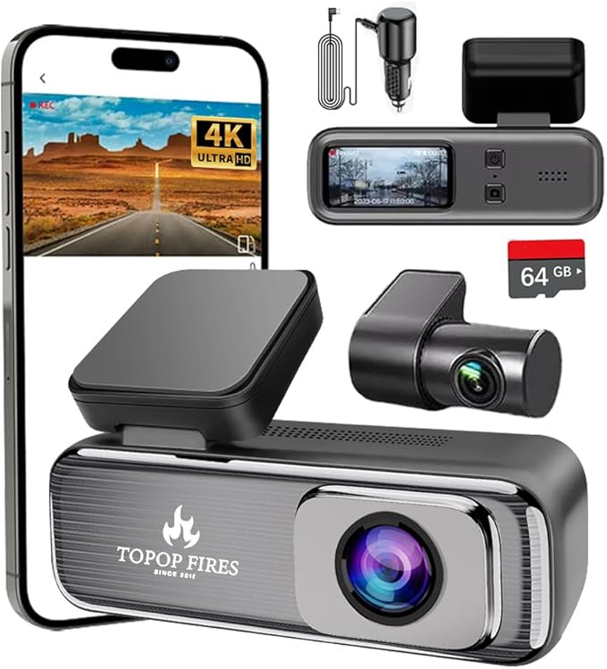 TOPOPFIRES Dash Cam Front and Rear,4K 60fps +1080P Dashcam,Dual Lens Dashcams for Cars with WiFi, Night Vision, 24H Parking Monitor, Loop Recording, G-Sensor, WiFi App Support,64GB Card Included