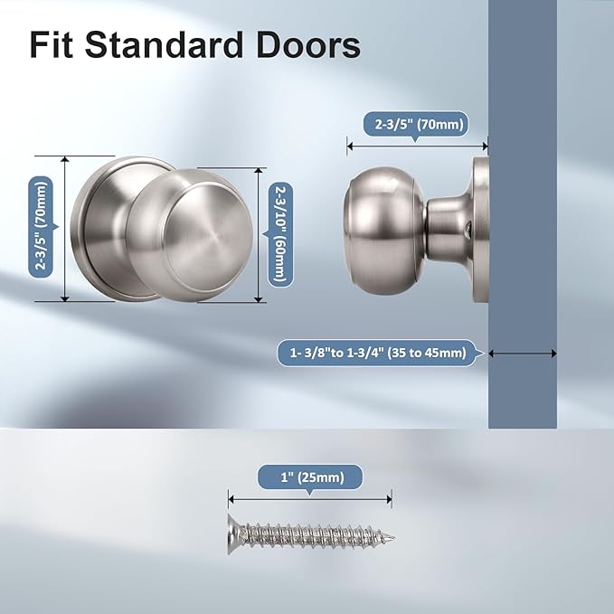 KNOBWELL 2 Pack Brushed Nickel Dummy Door Knob, Single Sided Handle for Closets, French Double Doors, and Pantry, Satin Nickel One Side Non-Turning Interior Push/Pull Door Knob