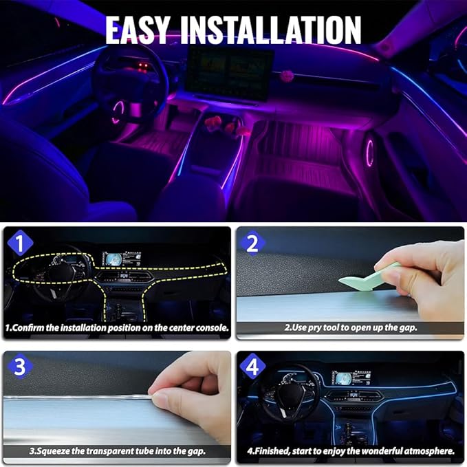 Ambient Lighting Car Led Lights Interior Kit with Wireless APP,43.3 inches Dream Color Acrylic Led Strips Lights for Car, 12V Fiber Optic Music Sync Neon Center Console Dashboard Interior Lights