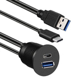 BATIGE Type C 3.0 and USB 3.0 A Male to Female AUX Car Mount Flush Cable Waterproof Extension for Car Truck Boat Motorcycle Dashboard Panel - 3ft