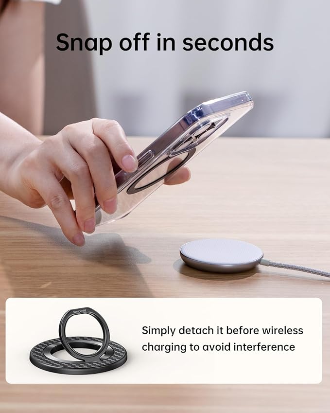 SYNCWIRE Carbon Fiber Magnetic Phone Ring Holder for MagSafe - Magnet Phone Grip Stand with 360° Rotation & Reinforced Hinge Compatible with iPhone 16 15 14 13 Pro Max Plus MagSafe Accessories