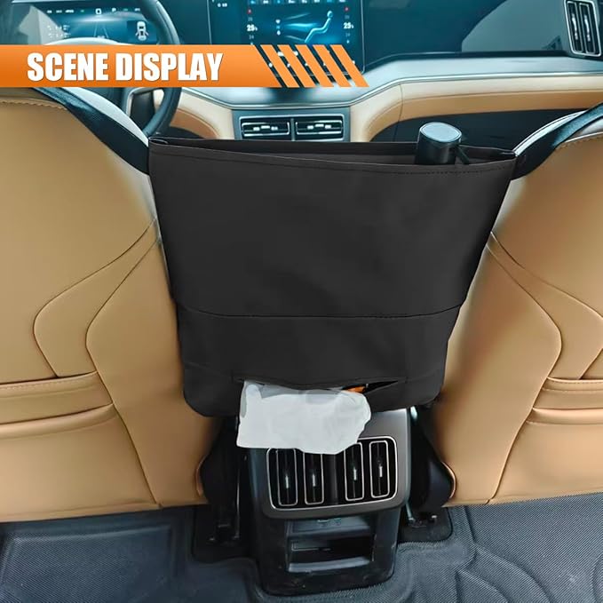 Car Handbag Holder Between Seats, Luxury Leather Car Purse Holder with Tissue Box, Multi-Pocket Large Capacity Storage Bag, Hanging Auto Organizer Pets Kids Barrier for Safe Driving (Black)