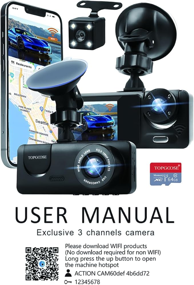 3 Channel Dash Cam WiFi FHD 1080P Car Camera, TOPGOOSE Front Dash Camera for Cars with 64GB Card, Mini Dashcams for Cars with Night Vision, 24 Hours Parking Mode, WDR, Loop Recording, G-Sensor, APP